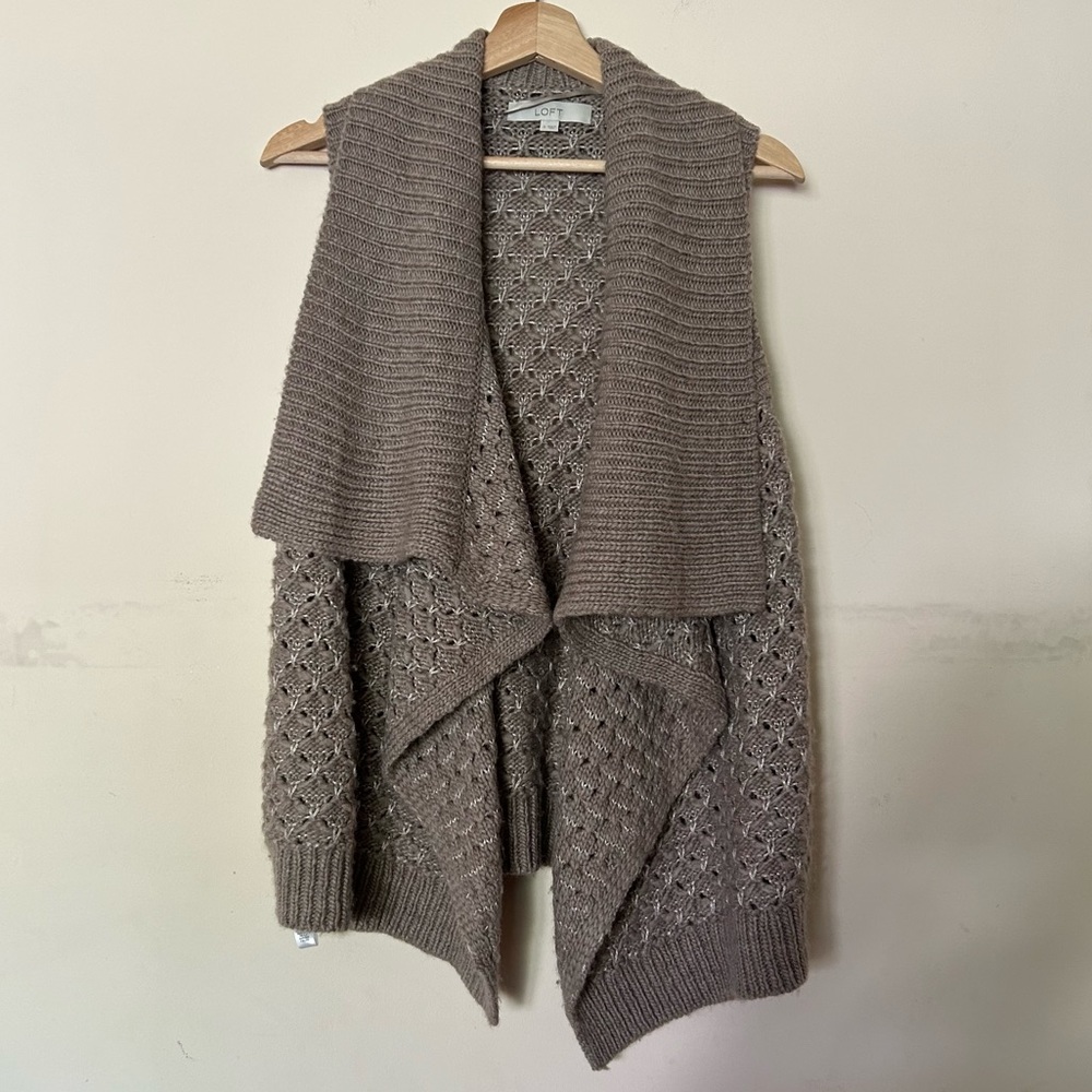 LOFT Taupe Shawl Collar Knit Sweater Vest - Picture 2 of 6